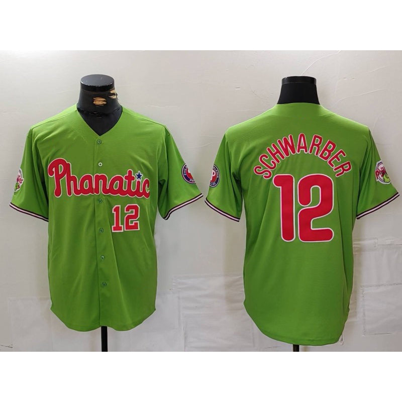 Philadelphia Phillies #12 Kyle Schwarber Number Green CONTON With Patch Stitched Cool Base Jersey