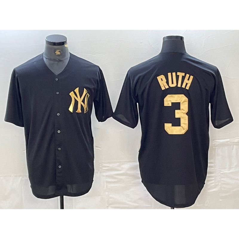 New York Yankees #3 Babe Ruth Black Gold CONTON Cool Base Stitched Jersey