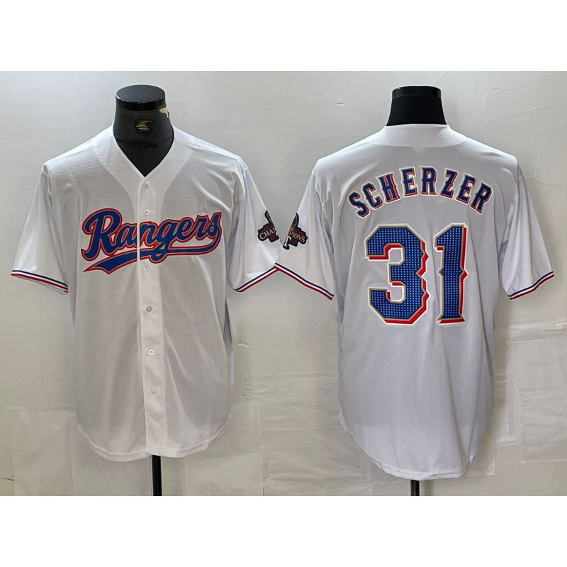 Texas Rangers #31 Max Scherzer White CONTON 2023 World Series Champions Cool Base Jersey