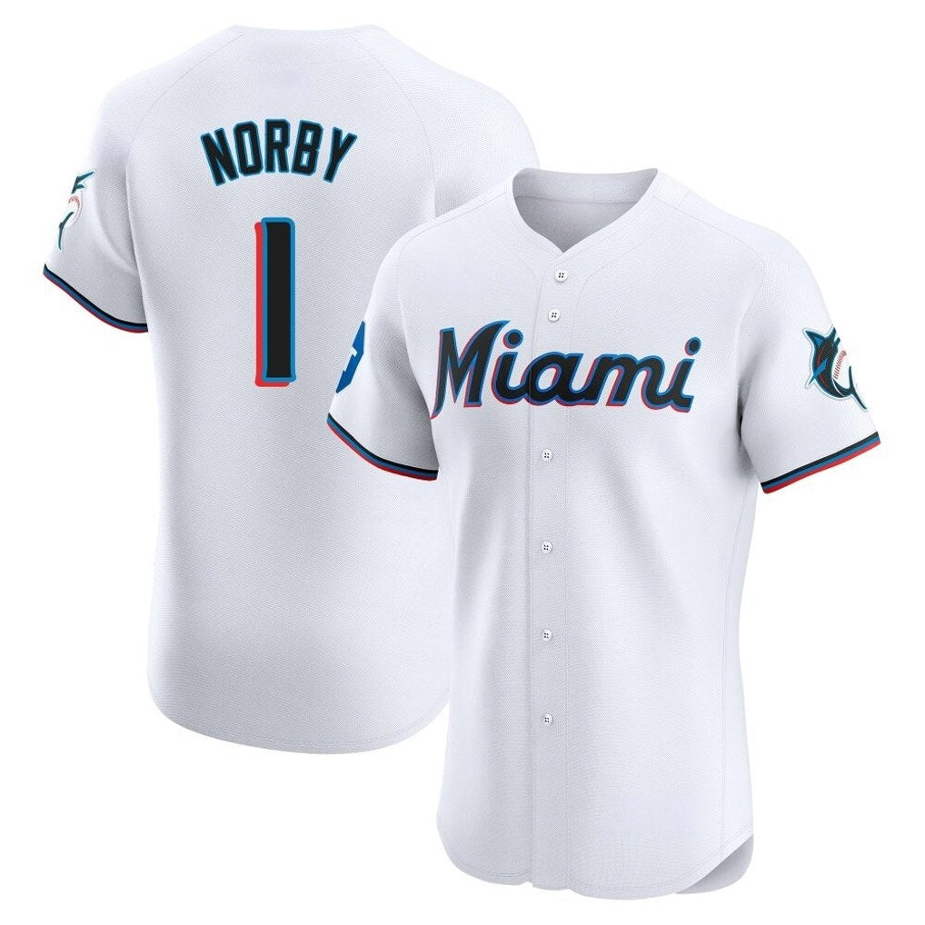 Miami Marlins #1 Connor Norby Player White CONTON Home Limited Elite Stitched Jerseys