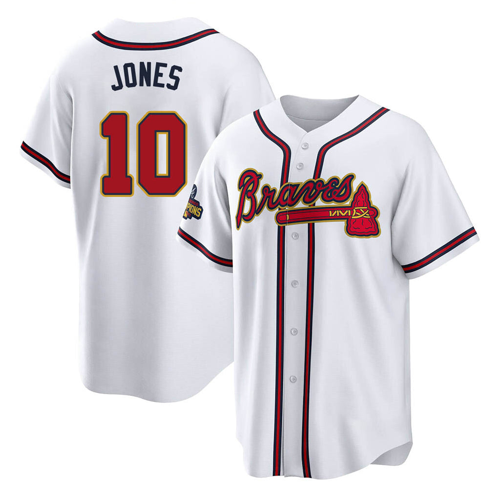Atlanta Braves #10 Chipper Jones Player White Gold CONTON Home Game Stitched Jerseys
