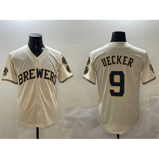 Milwaukee Brewers #9 Bob Uecker Cream CONTON With Home Patch Stitched Jersey