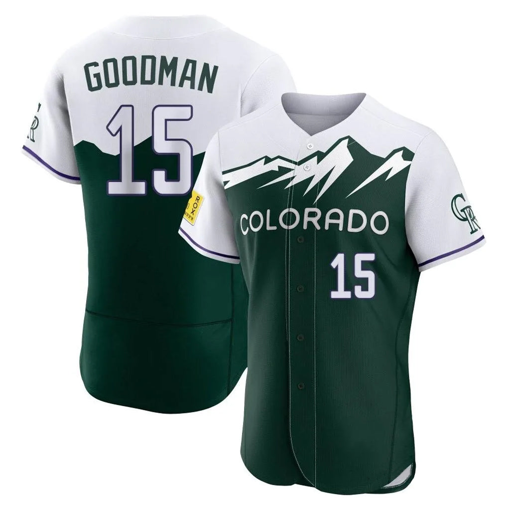 Colorado Rockies #15 Hunter Goodman Player Green CONTON City Connect Limited Elite Home Stitched Jerseys
