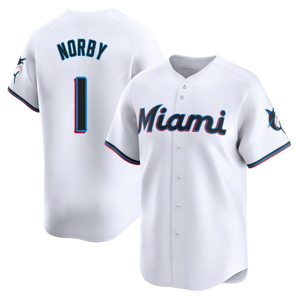 Miami Marlins #1 Connor Norby Player White CONTON Home Limited Stitched Jerseys
