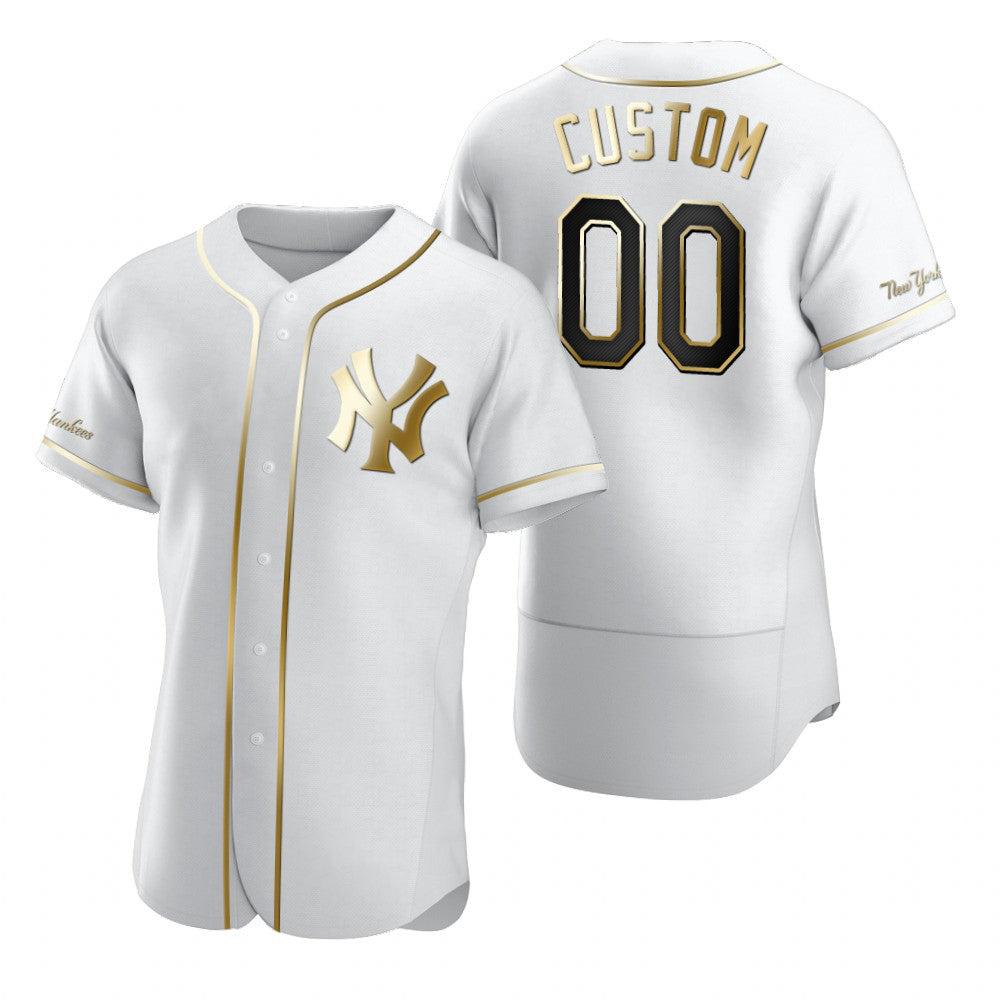 Custom New York Yankees White CONTON Stitched Flex Base Golden Edition Jersey