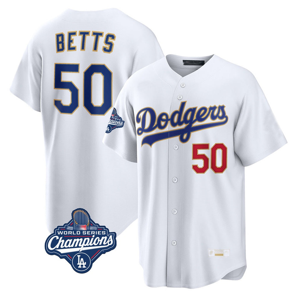 Los Angeles Dodgers #50 Mookie Betts Player Gold White CONTON World Series Meet Collection Limited Home Stitched Jerseys