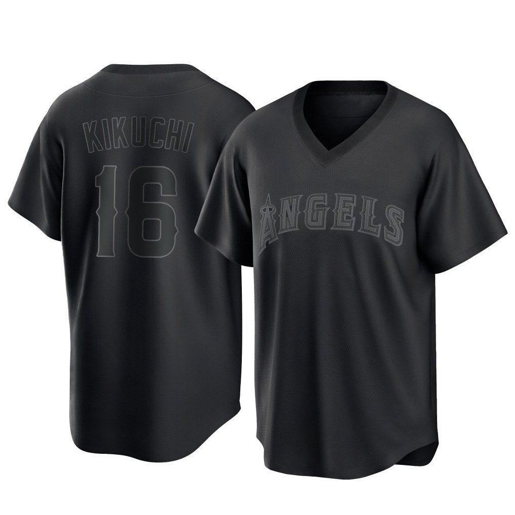 Los Angeles Angels #16 Yusei Kikuchi Player Black CONTON Pitch Fashion T-shirt Stitched Jerseys