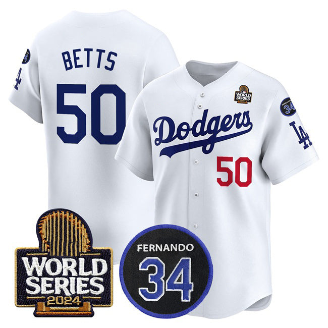 Los Angeles Dodgers #50 Mookie Betts White CONTON 2024 World Series With Fernando Memorial Patch Limited Stitched Jersey