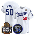 Los Angeles Dodgers #50 Mookie Betts White CONTON 2024 World Series With Fernando Memorial Patch Limited Stitched Jersey