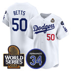 Los Angeles Dodgers #50 Mookie Betts White CONTON 2024 World Series With Fernando Memorial Patch Limited Stitched Jersey