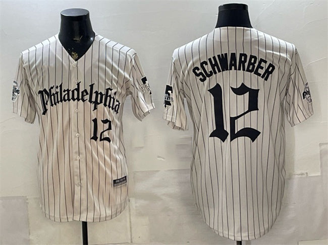 Philadelphia Phillies #12 Kyle Schwarber Cream CONTON Pinstripe Gothic Vapor Limited Stitched Jersey