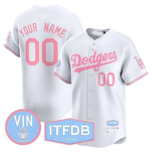 Custom Los Angeles Dodgers Vin ITFDB Patch Bubblegum Pink Vapor Premier Limited Jersey ¨C White CONTON