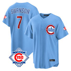 Chicago Cubs #7 Dansby Swanson Player Light Blue CONTON 150th Anniversary Home Game Stitched Jerseys