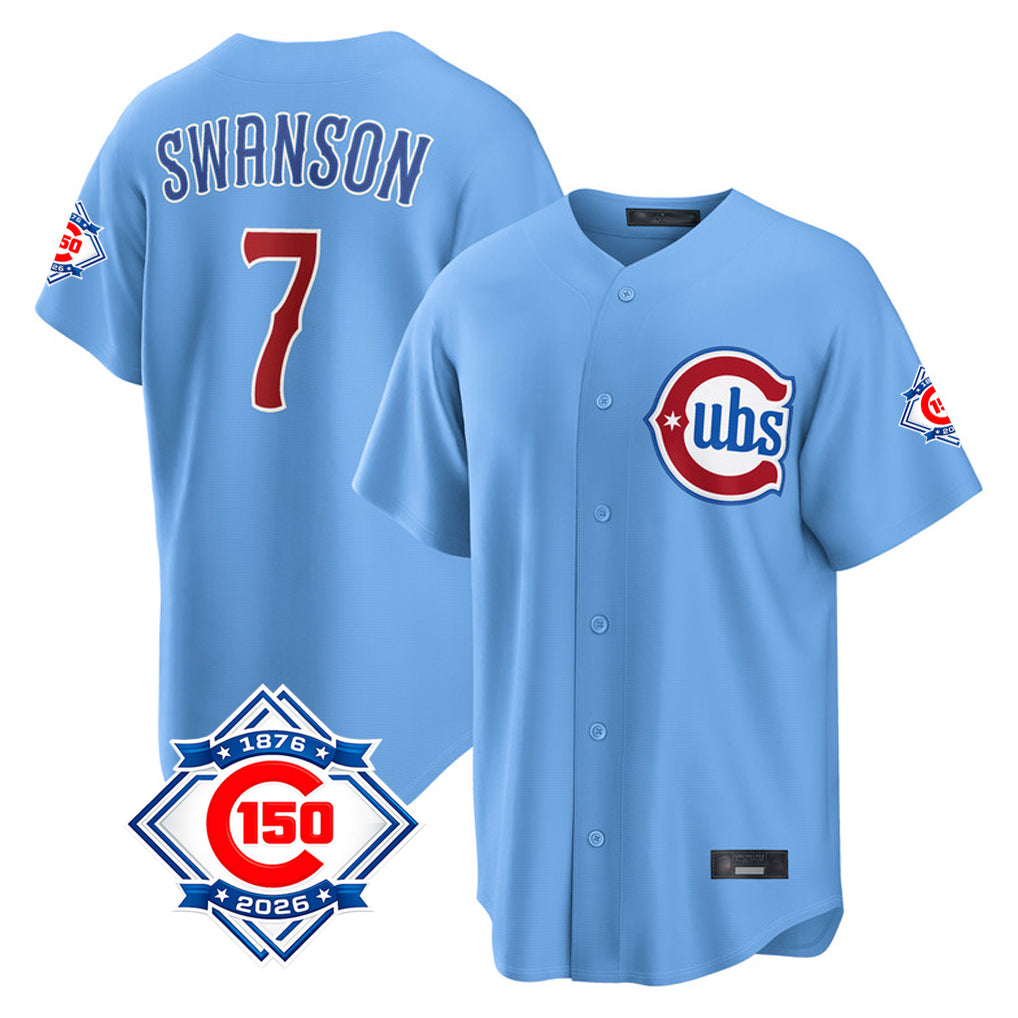 Chicago Cubs #7 Dansby Swanson Player Light Blue CONTON 150th Anniversary Home Game Stitched Jerseys