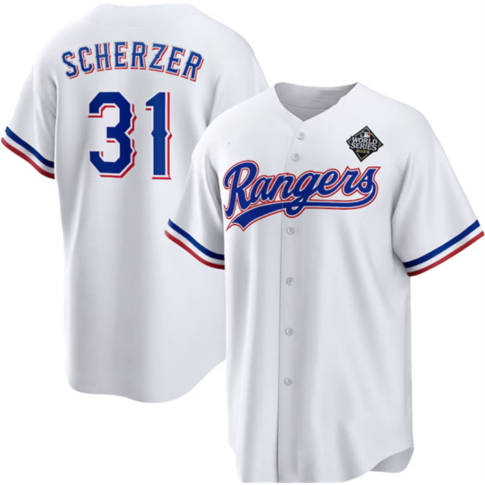 Texas Rangers #31 Max Scherzer 2023 White CONTON World Series Stitched Jersey