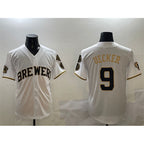 Milwaukee Brewers #9 Bob Uecker White Gold CONTON With Home Patch Limited Stitched Jersey