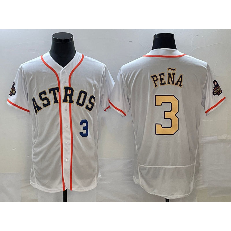 Houston Astros #3 Jeremy Pena Number 2023 White Gold CONTON World Serise Champions Patch Flex Base Stitched Jersey 3