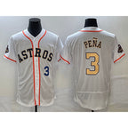 Houston Astros #3 Jeremy Pena Number 2023 White Gold CONTON World Serise Champions Patch Flex Base Stitched Jersey 3
