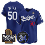 Los Angeles Dodgers #50 Mookie Betts Royal CONTON 2024 World Series With Fernando Memorial Patch Limited Stitched Jersey