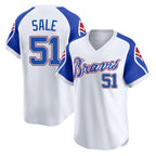 Atlanta Braves #51 Chris Sale Player White CONTON Throwback Cooperstown Collection T-shirt Game Stitched Jerseys