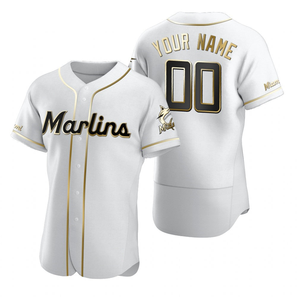 Custom Miami Marlins White CONTON Stitched Flex Base Golden Edition Jersey