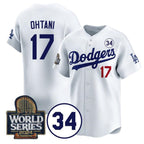 Los Angeles Dodgers #17 Shohei Ohtani White CONTON 2024 World Series With No. 34 Patch Limited Stitched Jersey