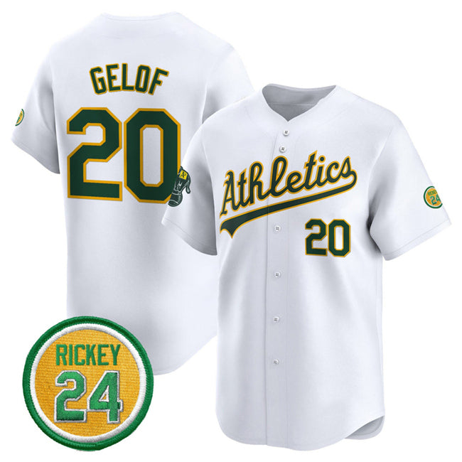 Oakland Athletics #20 Zack Gelof White CONTON 2024 Home Limited With Rickey Henderson Patch Stitched Jersey