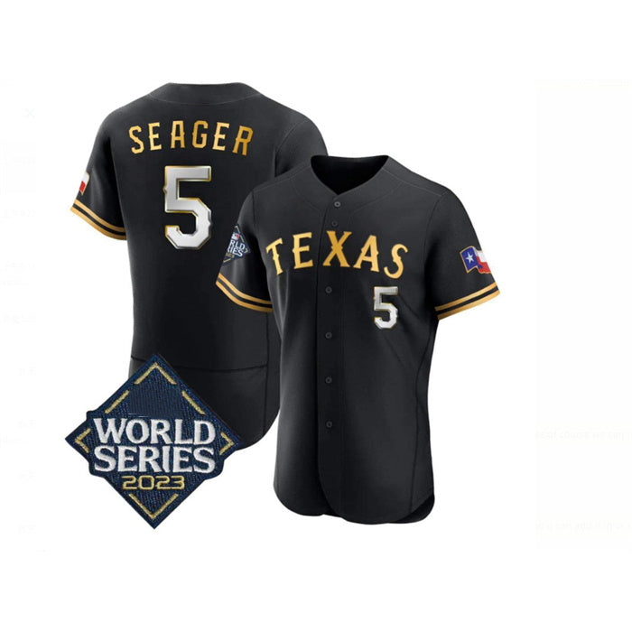 Texas Rangers #5 Corey Seager Black Gold CONTON 2023 World Series Flex Base Stitched Jersey