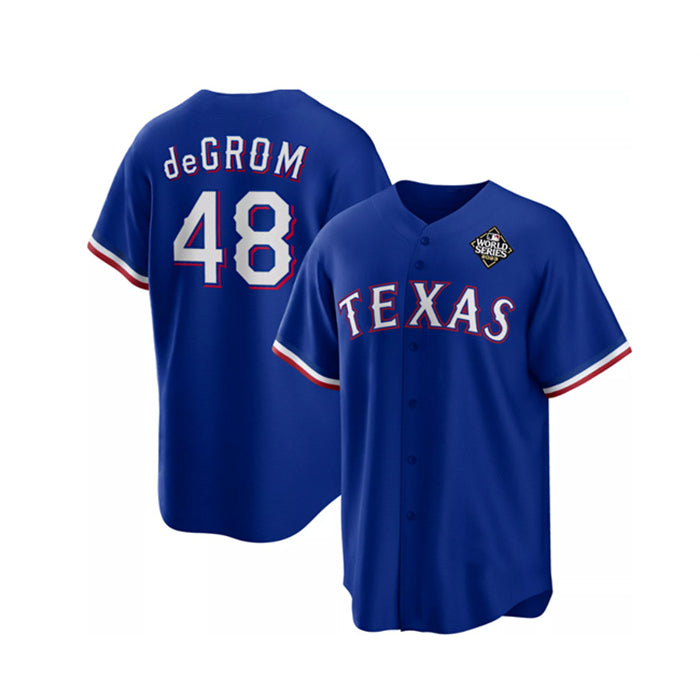 Texas Rangers #48 Jacob DeGrom Royal CONTON 2023 World Series Cool Base Stitched Jersey