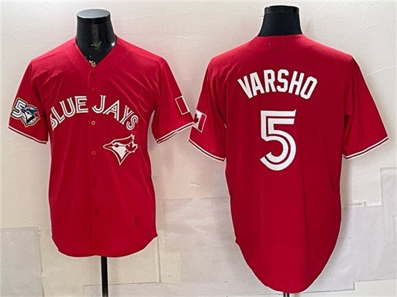 Toronto Blue Jays #5 Daulton Varsho Red CONTON 50 Seasons Patch Stitched Jersey