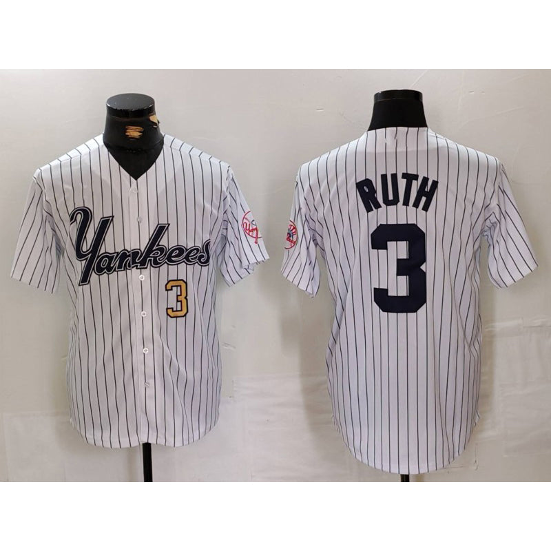 New York Yankees #3 Babe Ruth White CONTON Pinstripe Fashion Cool Base Jerseys 2