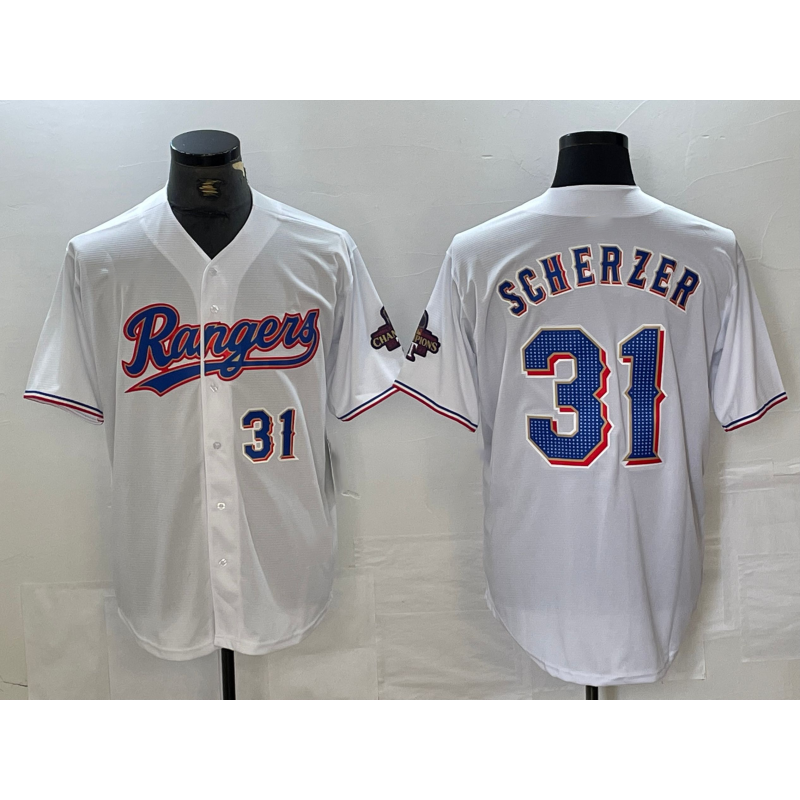 Texas Rangers #31 Max Scherzer Number White CONTON 2023 World Series Champions Cool Base Jerseys