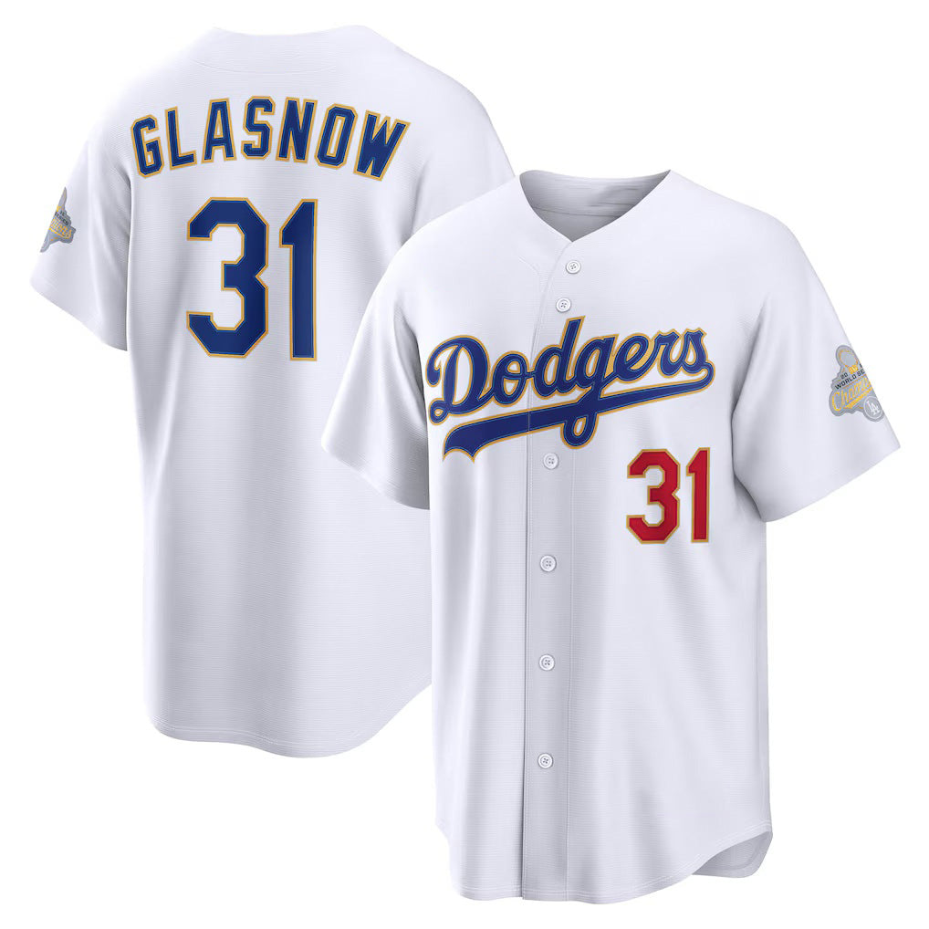 Los Angeles Dodgers #31 Tyler Glasnow White CONTON 2026 Gold Collection Stadium Jersey