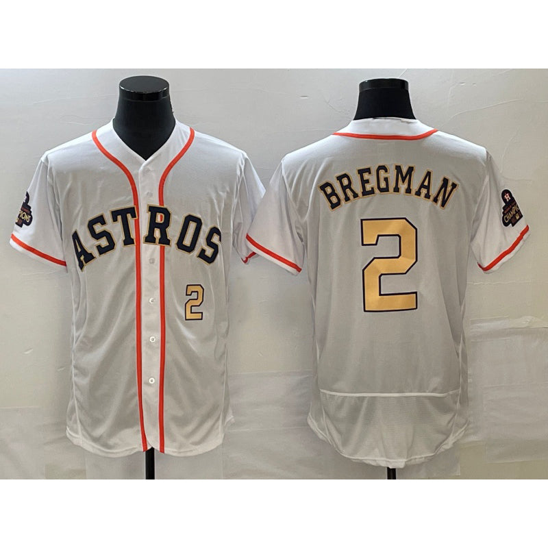 Houston Astros #2 Alex Bregman Number 2023 White Gold CONTON World Serise Champions Patch Flex Base Stitched Jersey