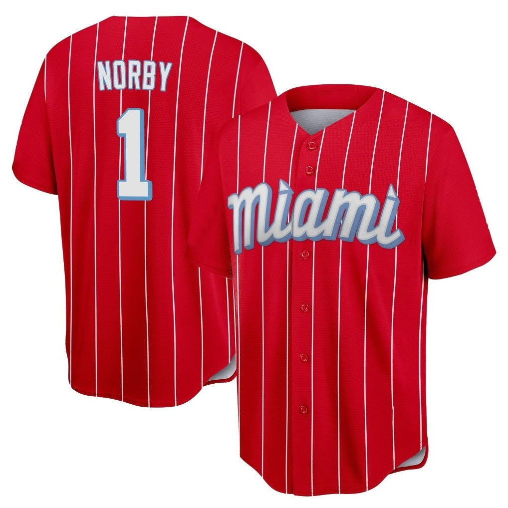 Miami Marlins #1 Connor Norby Player Red CONTON City Connect Home Game Stitched Jerseys
