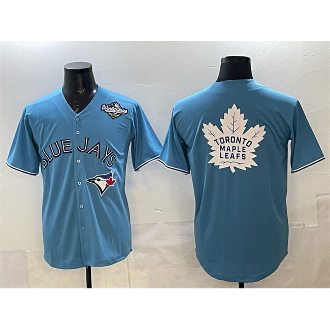 Toronto Blue Jays & Leafs Blue CONTON 2025 World Series With White Leafs Logo Cool Base Stitched Jersey