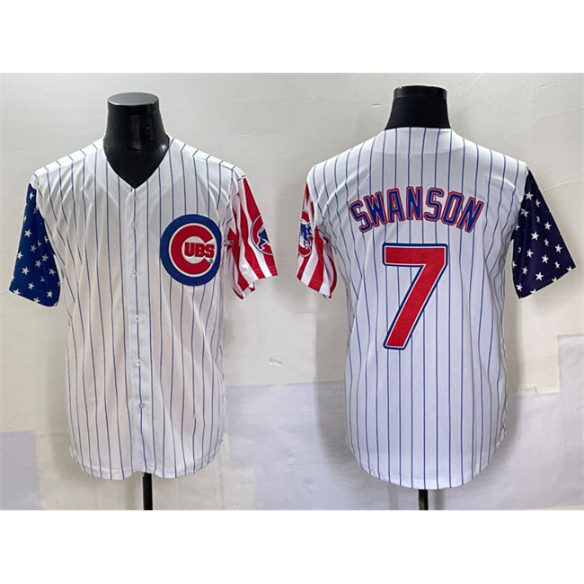 Chicago Cubs #7 Dansby Swanson White CONTON Pinstripe 2025 Independence Day Vapor Premier Limited Stitched Jersey