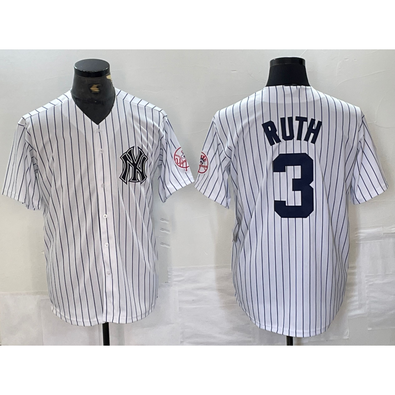 New York Yankees #3 Babe Ruth Name White CONTON With Patch 2024 Cool Base Stitched Jersey