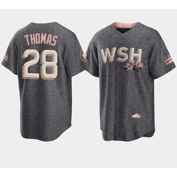 Washington Nationals #28 Lane Thomas 2022 Grey CONTON City Connect Cherry Blossom Cool Base Stitched Jersey