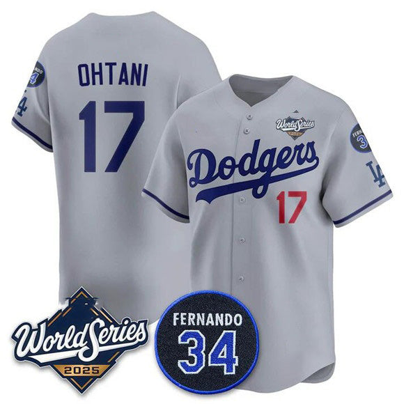 Los Angeles Dodgers #17 Shohei Ohtani Gray CONTON 2025 World Series With No. 34 Patch Limited Stitched Jersey