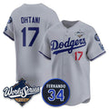 Los Angeles Dodgers #17 Shohei Ohtani Gray CONTON 2025 World Series With No. 34 Patch Limited Stitched Jersey