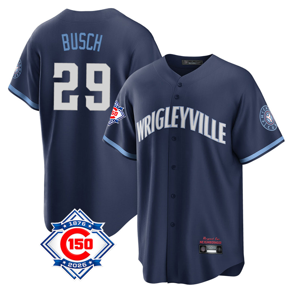Chicago Cubs #29 Michael Busch Player Navy CONTON 150th Anniversary City Connect Home Game Stitched Jerseys
