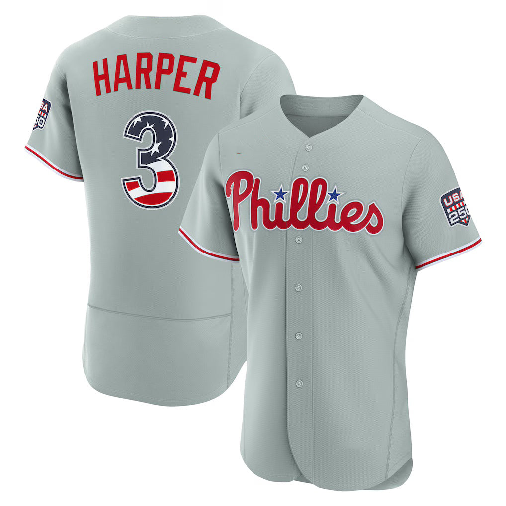 Philadelphia Phillies #3 Bryce Harper USA 250 Fourth of July Road Authentic Jersey - Gray CONTON