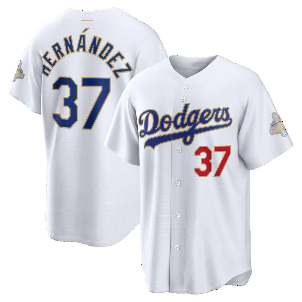 Los Angeles Dodgers #37 Teoscar Hern¨¢ndez White CONTON 2026 Gold Collection Stadium Jersey