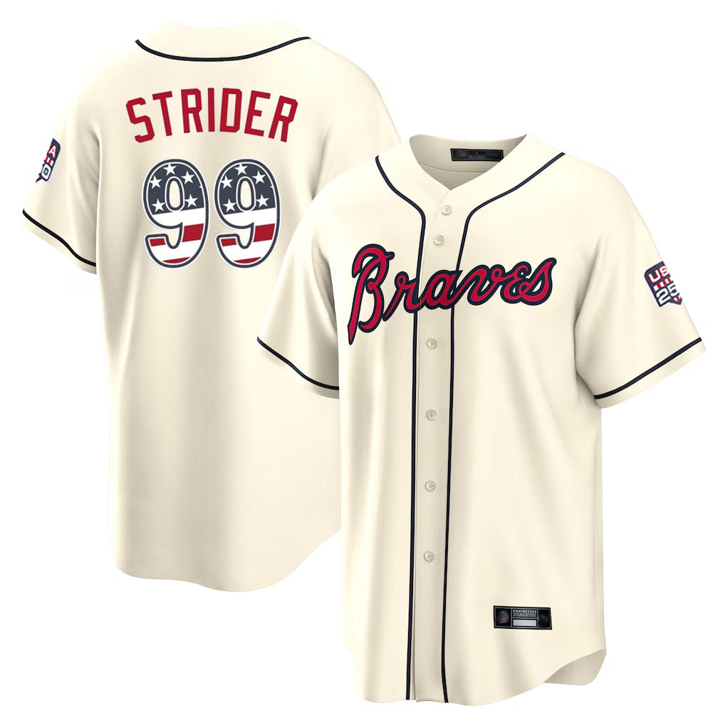 Atlanta Braves #99 Spencer Strider Player Cream CONTON USA 250 Fourth Of July Limited Home Game Stitched Jerseys