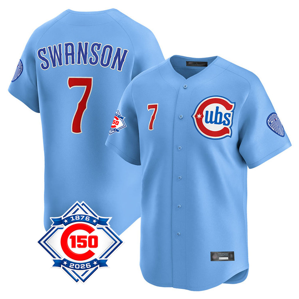 Chicago Cubs #7 Dansby Swanson Player Light Blue CONTON 150th Anniversary Limited Home Stitched Jerseys