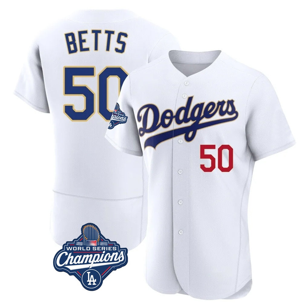 Los Angeles Dodgers #50 Mookie Betts Player Gold White CONTON World Series Meet 2026 Collection Stadium Limited Elite Stitched Jerseys