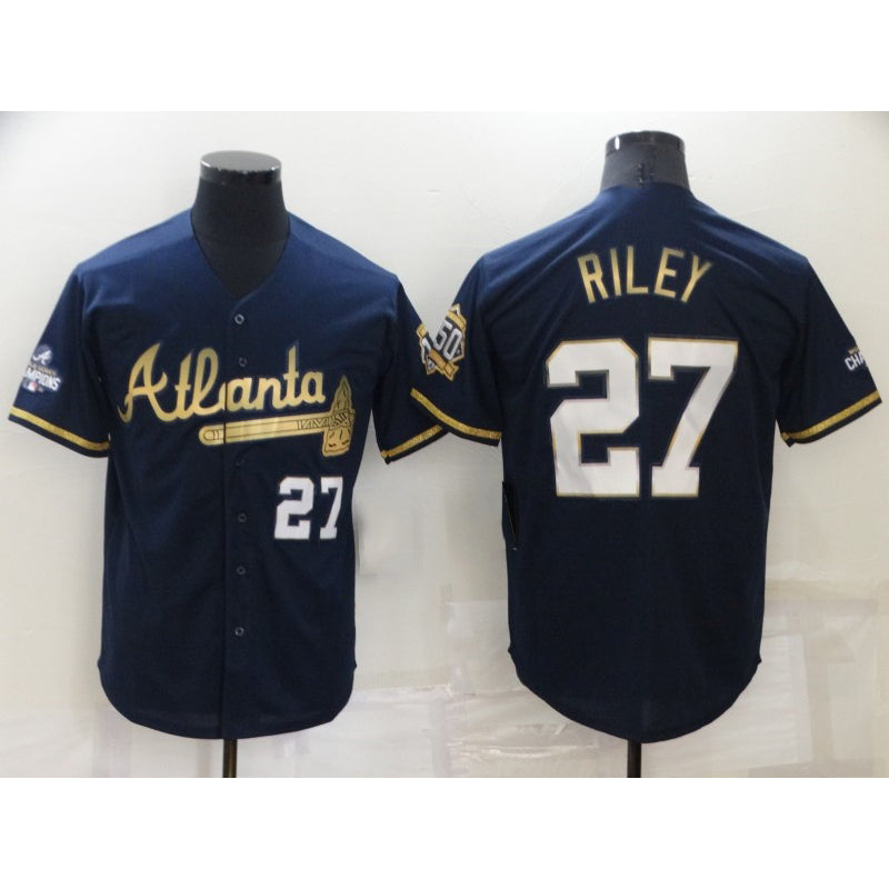 Atlanta Braves #27 Austin Riley 2022 Navy Blue CONTON 2021 World Series Champions Golden Edition Stitched Cool Base Jersey