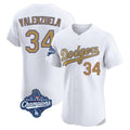 Los Angeles Dodgers #34 Fernando Valenzuela Player White Gold CONTON World Series Meet Limited Elite Home Stitched Jerseys