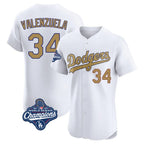 Los Angeles Dodgers #34 Fernando Valenzuela Player White Gold CONTON World Series Meet Limited Elite Home Stitched Jerseys
